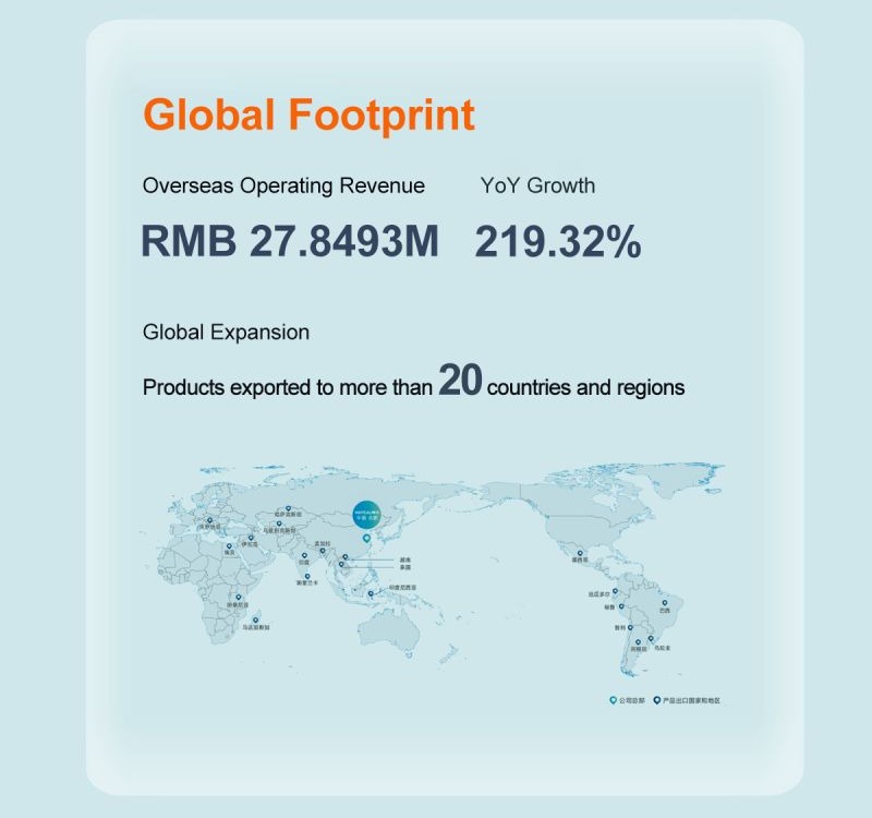 WAYEAL H1 2026 global footprint graphic showing RMB 27.8493 million in overseas revenue, 219.32% growth, and exports to more than 20 countries and regions